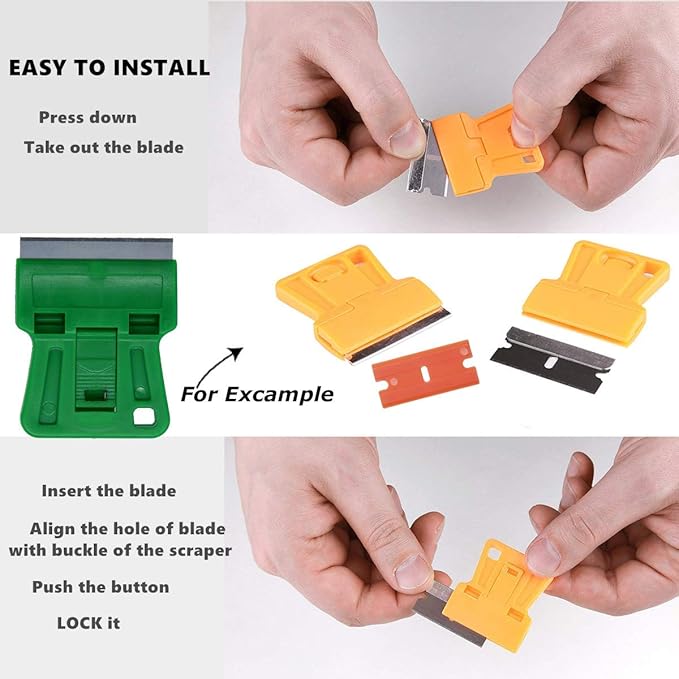 Mini Plastic Razor Blade Scraper Green Window Paint Scraper with 5 Spare Metal Razor Blades for Stove Top Wallpaper Label Removal