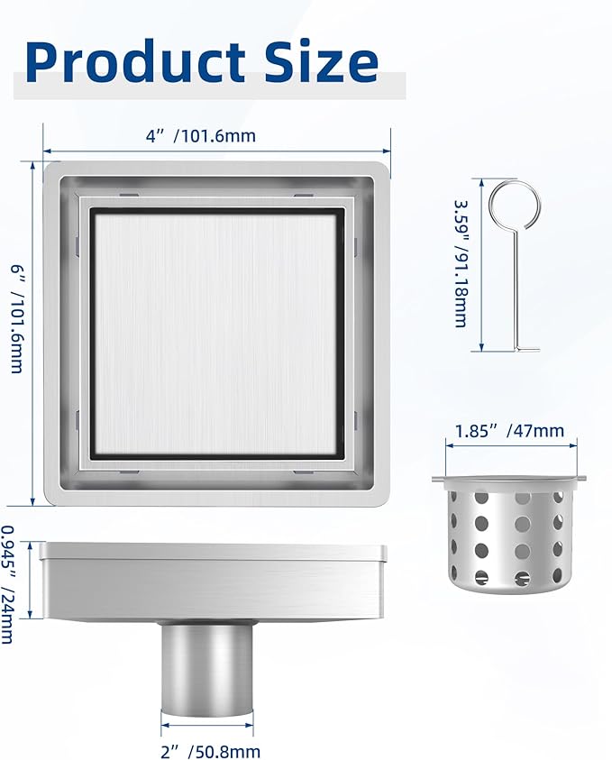 4 Inch Square Shower Drain, 2-in-1 Tiled Shower Drain - 304 Stainless Steel Square Shower Floor Drain for Bathroom, Brushed Nickel Drain Shower with Tile Insert Grate Removable, Hair Strainer