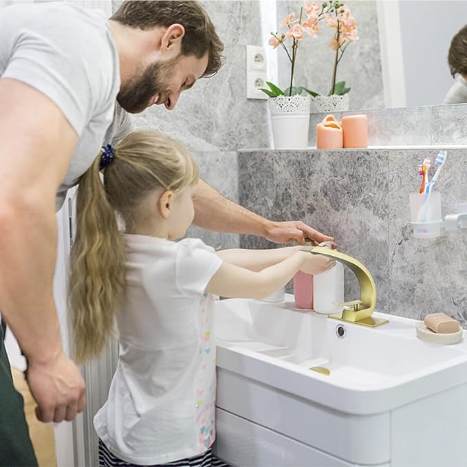 Brushed Gold Bathroom Faucet,Modern Single Hole Bathroom Sink Faucet,High Arc Brass Basin Mixer with 1 Hole or 3 Hole Mount 6-Inch 10-Inch Deckplate,Pop Up Overflow Drain Assembly Included