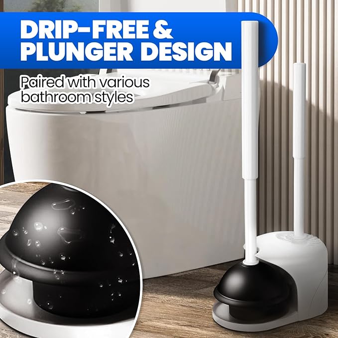 2 in 1 Toilet Brush and Plunger Set, Extended Handle Plunger,Toilet Bowl Brush Plunger Set,Bathroom Cleaning Tools,Cleaning Brush,Cleaning Supplies,Toilet Brush Plunger Combo,White（20inch）