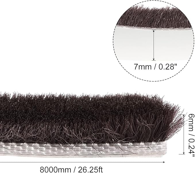 uxcell Weather Stripping Brush, 26ft L x 0.28" W x 0.24" H Self-Adhesive Seal Weatherstrip Sweep Brush Brown for Door Window