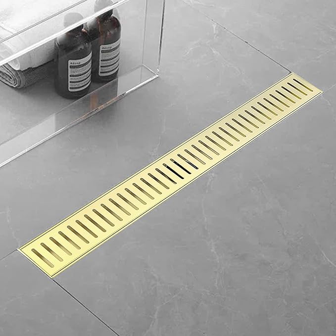 28 Inch Linear Shower Drain Bathroom Kitchen Golden Floor Drain Removable Capsule Pattern Cover Accessories Shower Drain 304 Stainless Steel Drain with Hair Strainer Adjustable Leveling Feet
