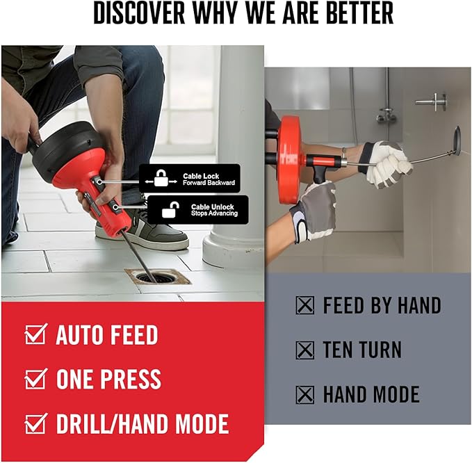 POPULO 17FT Auto Feed Drain Snake, Upgraded Toliet Auger, Plumbing Hair Drain Clog Remover with Extension Tube for Toliet, Shower, Bathtub, Kitchen, Sink，2025 PMDA-G2