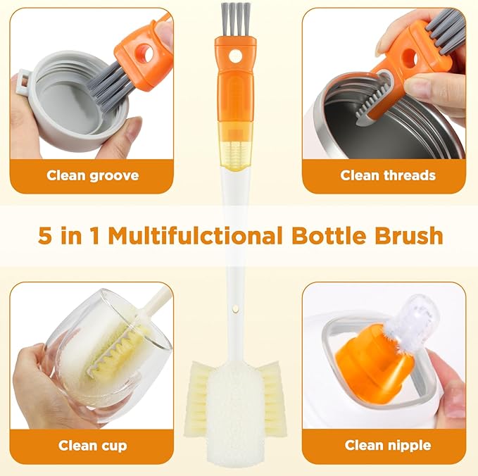 OUTXE 6 Pack Bottle Brush Set, 5-in-1 Water Bottle Cleaner Brush, 14" Long Handle Bottle Cleaning Brush, 3 Straw Brush, Removable Nipple Detail Brush for Cup Lid Gap, with Replecement Sponge