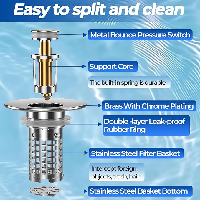 Bathroom Sink Drain Strainer, Stainless Steel Pop-up Strainer Basket Hair Catcher with Removable Basket, Brass Bullet Core, Universal Fit 1.1-2.36 Inch