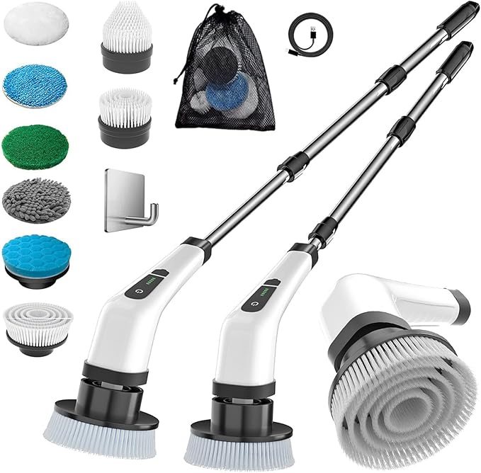 MGLSDeet Electric Spin Scrubber Scrub Brush, Rechargeable Cleaning Brush with 8 in 1 Replaceable Brush Heads, Cordless Power Spin Scrubber 90Mins for Bathroom Shower Bathtub Glass Car