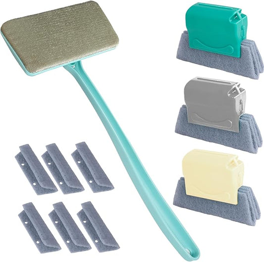 Window Screen Cleaner & Track Cleaning Kit – Mesh Screen Cleaning Brush + 3 Groove Brushes & 6 Replacement Cleaning Cloths – 14.8″ Detachable Long-Reach Handle, Wet & Dry Dual-Use