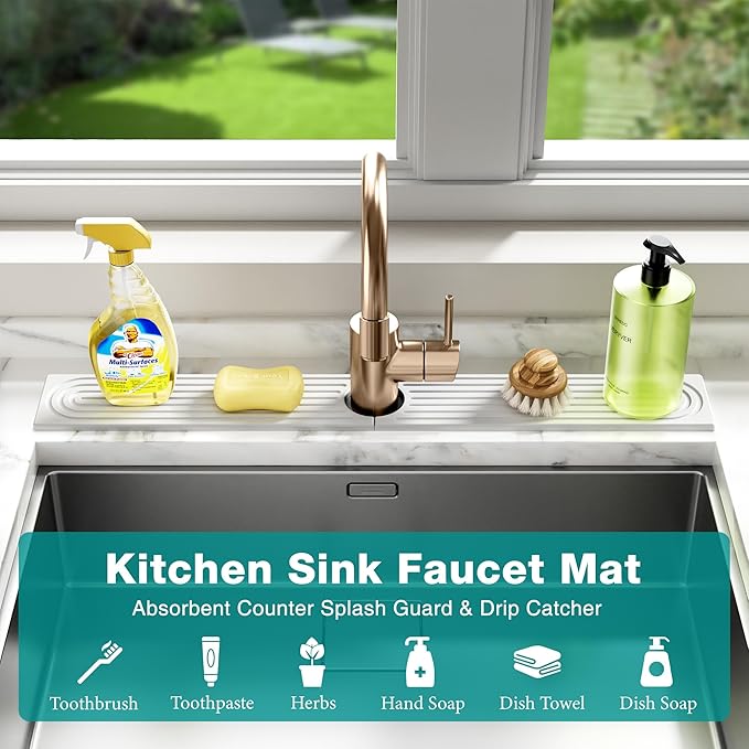Stone Faucet Mat for Kitchen Sink - Quick Dry Diatomite Sink Splash Guard, Prevents Moisture Buildup & Water Stains, Water Absorbing Stone Tray for Bathroom Countertop (White, 23.6" x 4")