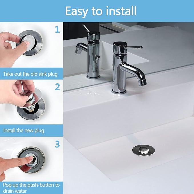 Bathroom Sink Stopper with Hair Catcher – Universal Pop-Up Drain Strainer for 1.1–1.5 inch US Standard Sink Drain Holes, Includes 2 Sets of Silicone Gaskets