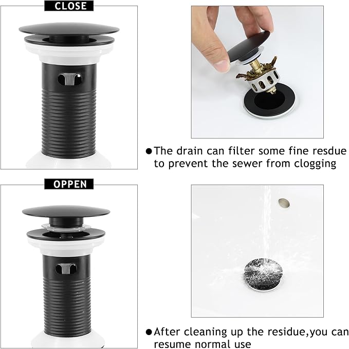 Bathroom Sink Drain,2 Pack Drain Stopper with Overflow,Pop Up Drain Assembly with Detachable Strainer Basket,Built-in Anti-Clogging, Stainless Steel Nut Mattle Black