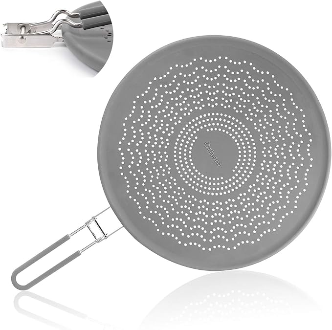 13” Silicone Splatter Screen Pan Cover with Folding Handle, Heat Insulation Cooling Mat, Strainer, Drain Board, Oil Splash Guard for Frying Pan