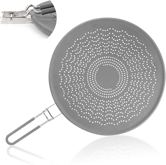 13” Silicone Splatter Screen Pan Cover with Folding Handle, Heat Insulation Cooling Mat, Strainer, Drain Board, Oil Splash Guard for Frying Pan