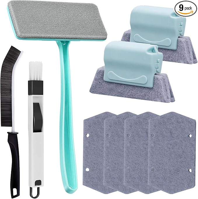 Window Screen Cleaner & Track Cleaning Kit - Detachable Window Cleaner, Mesh Screen Cleaning Brush + 2 Groove Brushes & 6 Replacement Cleaning Cloths, Tool with Wet and Dry Dual - Use