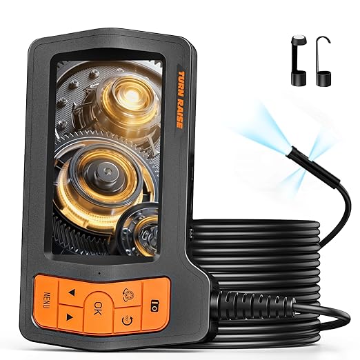 Triple Lens Sewer Inspection Camera, TURN RAISE 5" IPS Screen Borescope Cam with Light, 1080P HD Drain Camera 16.5FT Semi-Rigid Cable, IP67 Plumbing Snake Endoscope with Carry Case