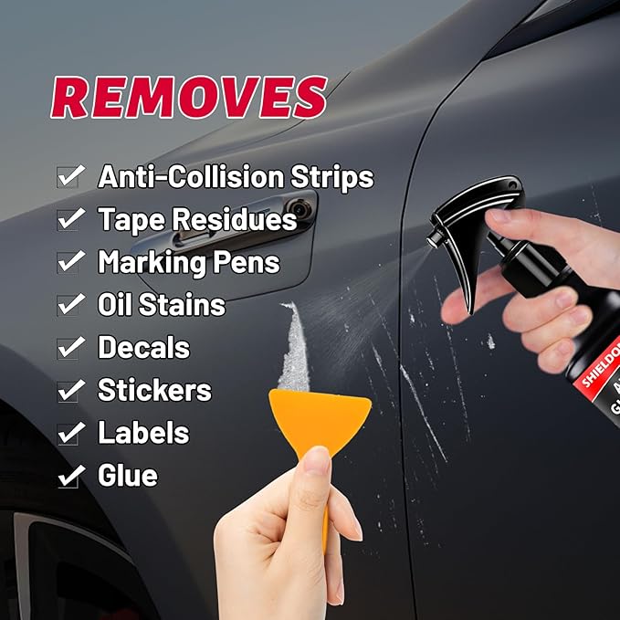SHIELDOM Adhesive Remover, Dissolve & Soften Adhesives on Car Glass & Paint, Easily Remove Glue Sticker Labels Decals Tape Residue, Portable Spray Removal Set with Scraper, Spatula, Towel -3.4oz/100ml