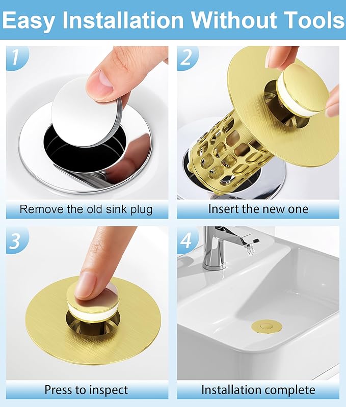 Upgraded Bathroom Sink Stopper with Hair Catcher - Universal Pop-Up Drain Plug, Stainless Steel & Silicone Seal for 1.1-1.5 Inch Drains, Gold Matte Brushed Finish (Gold Matte Brushed)