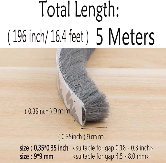 Self-Adhesive Pile Weather Stripping Seal for Sliding Windows and Door Frames, 16.5ft x 11/32 inch, Grey