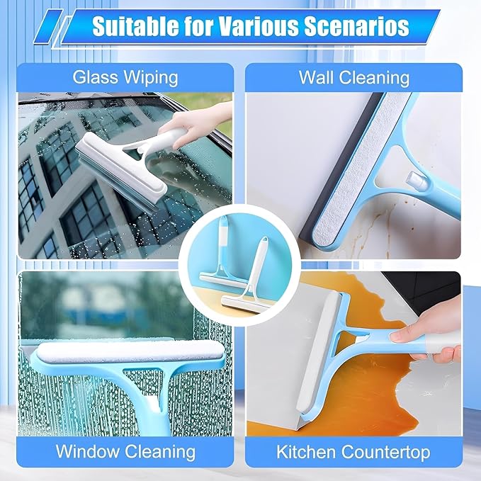 Shower Squeegee for Glass Doors, 3 in 1 Squeegee for Shower Glass with Spray, Scrubber and Shower Squeegee for Glass Doors, Mirrors, Car and Home, All-Purpose Window Cleaner Tool (Blue)