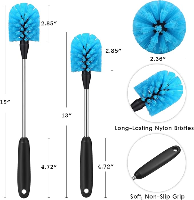 MOSOLAN Stainless Steel Water Bottle Brush, Long Handle Scrubbing Brush, Built for Cleaning Sports Bottles, Baby Bottles, Cups, Coffee Mugs, Glasswares, Wine Decanters, Flask, 2 Pack, 13 in - 15 in