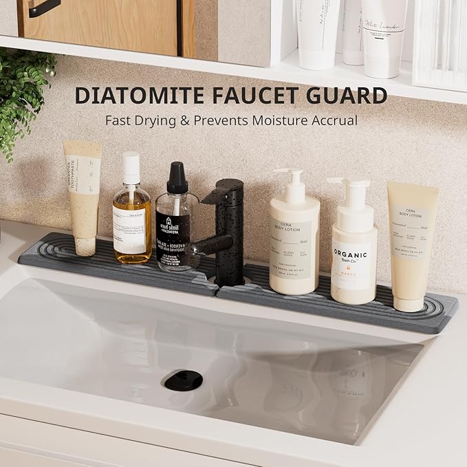 Quick Dry Sink Splash Guard - Extended 23.6" Splash Guard for Kitchen and Bathroom Countertops - Absorbent Diatomaceous Earth Faucet Mat - Dark Gray