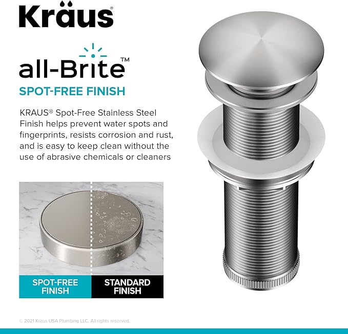 KRAUS Bathroom Sink Pop-Up Drain with Extended Thread for Thicker Countertops and Glass Sinks in Spot-Free Stainless Steel, PU-L10SFS