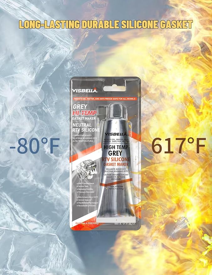 Visbella High Temperature RTV Silicone Gasket Maker, Sealed Oil Resistant Waterproof Quick Dry Liquid for Bonding Internal Combustion, Steam Turbines, Automotive Engine Parts 3.7OZ (Grey)