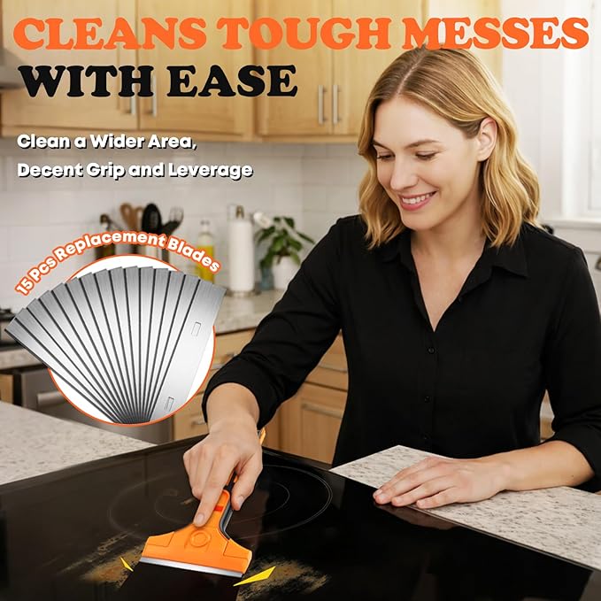 Razor Blade Scraper, Scraper Tool with 15 PCS SK5 Steel Blades, Razor Scraper, Ergonomic Handle with Blade Storage Box, Scraper for Cleaning Windows, Glass, Oven, Stove, Kitchen, Floor, Paint