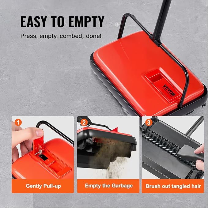 VEVOR Carpet Sweeper Manual, Floor Sweeper with 300 ml Dustbin Capacity Easy to Empty, 6.7 inch Cleaning Width for Home Office Carpets Pet Hair Dust, Red