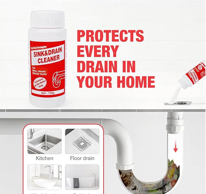 Drain Cleaner Sink Pipe Powder: Powerful Unclogger for Clogged Pipes and Sinks - Kitchen and Bathroom Drain Opener Cleaner with 2 Free Hooks Included (4 pack)