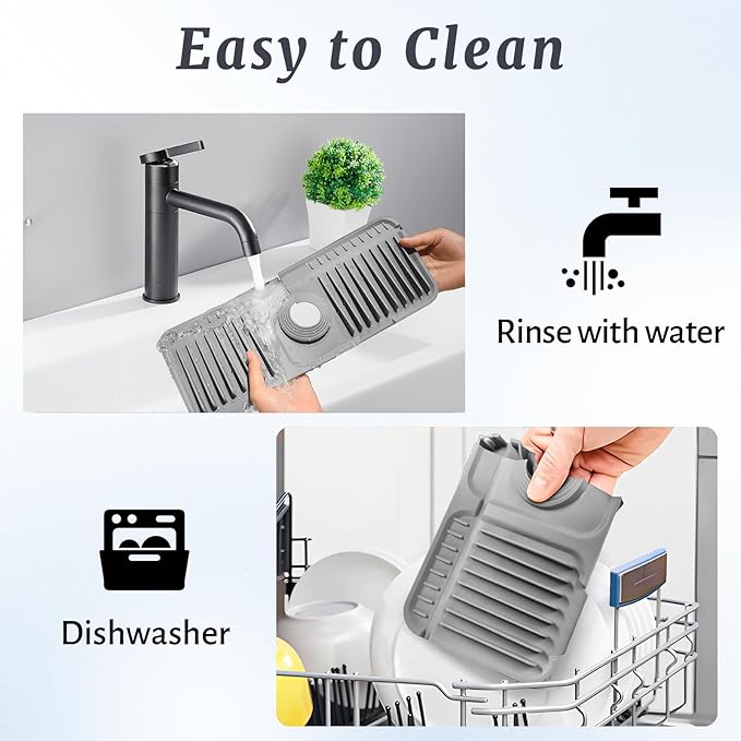 PoYang 14.6 inch Faucet Mat for Kitchen Sink Splash Guard, 7° Slope Silicone Sink Water Splash Guard for Kitchen Sink Area with Snap Button, Small Sink Protectors for kitchen Sink Sponge Holder, Grey