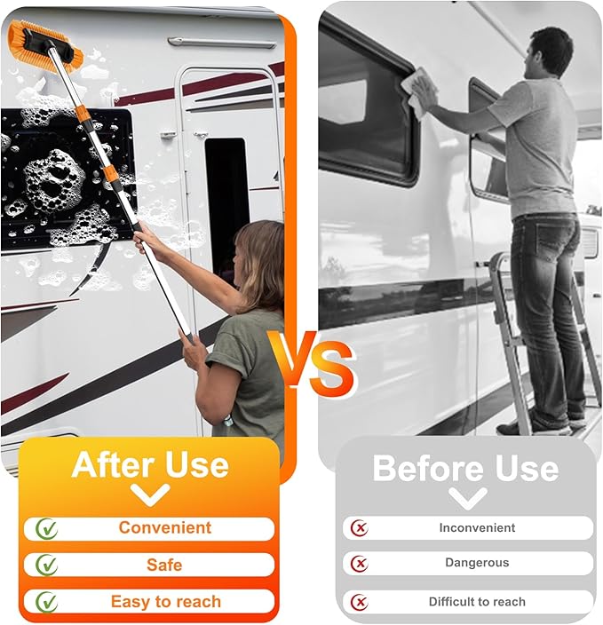 12FT Car Wash Brush with Long Handle, Car Cleaning Brush with 12 Inch Soft Bristle and Soap Dispenser, Solar Panels Cleaner with Telescoping Pole for RV, Truck, Boat, House Siding, Orange
