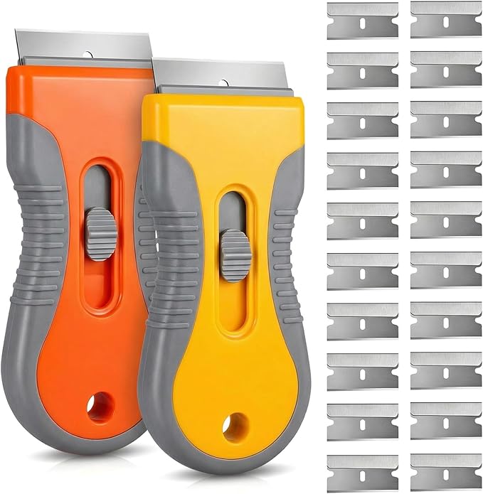 Razor Blade Scraper Tool 2 Pack with 20 Extra Blades - Retractable Glass Scraper with Safety Lock and Non-Slip Grip for Removing Stickers Labels Paint Caulk from Windows Cooktop Glass Floors Surfaces