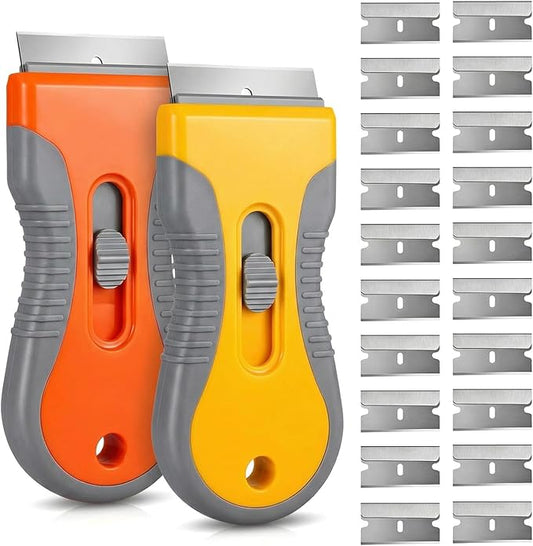 Razor Blade Scraper Tool 2 Pack with 20 Extra Blades - Retractable Glass Scraper with Safety Lock and Non-Slip Grip for Removing Stickers Labels Paint Caulk from Windows Cooktop Glass Floors Surfaces