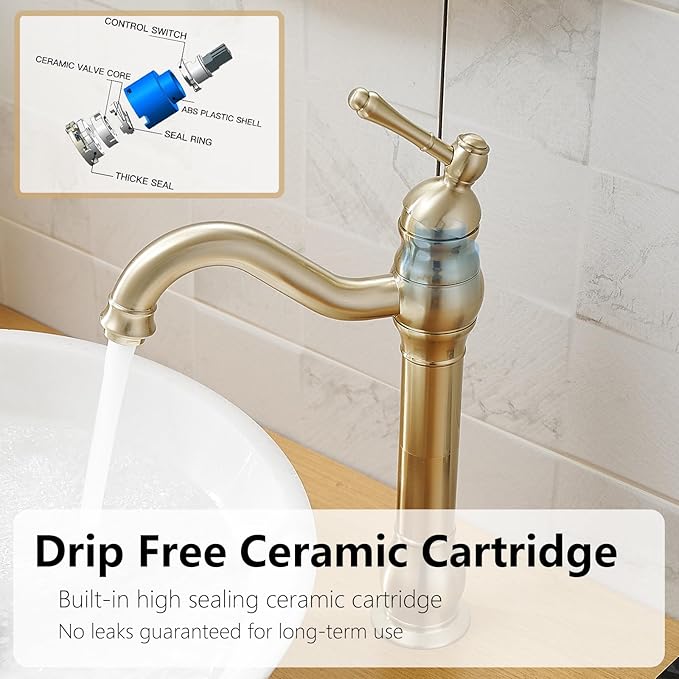 Brushed Gold Vessel Sink Faucet 360° Swivel for Bathroom Single Hole Farmhouse Tall Commercial Vanity Matching Pop Up Drain Without Overflow Mixer Tap Single Handle