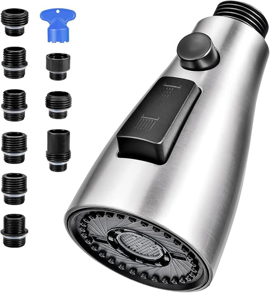 Kitchen Faucet Head Replacement, Premium 3 Function Pull Down Spray Head with 9 Adapters, Kitchen Sink Faucet Head Compatible with American Standard, Moen/Delta Faucets, Brushed Nickel