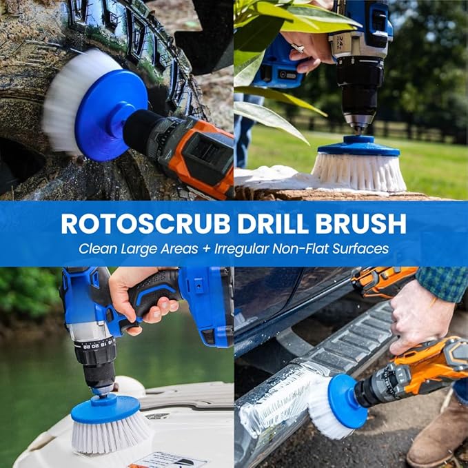 RotoScrub Drill Cleaning Brush & Sponge Pads Kit – Indoor/Outdoor Power Scrubber for Tubs, Showers, Grout, Tile, Tires, Grills, Siding, Wood, Glass Cooktops – Drill Attachment Accessory Set