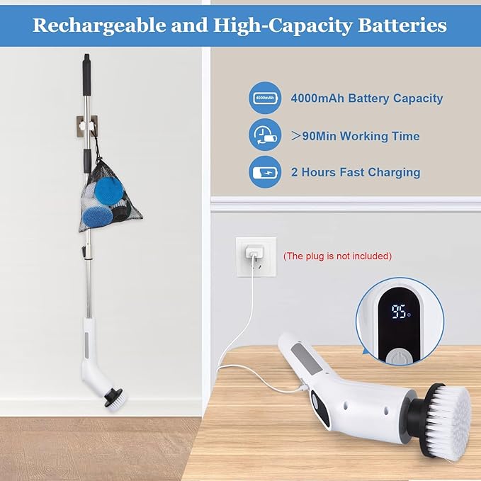 Fixm Cordless Electric Spin Scrubber, Powerful 2-Speed Shower & Bathroom Cleaner with LED Display, Adjustable Handle & 11 Brush Heads, Lightweight, Rechargeable & Perfect for Tough Grime