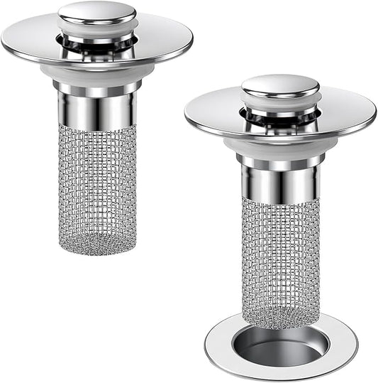 Bathroom Sink Drain Strainer, Pop-up Sink Stopper Hair Catcher with Removable Stainless Steel Filter Basket,Universal Drain Plug Filter Replacement for Bathroom Shower Sink Stopper(2Pcs)