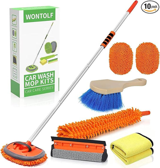 Wontolf 62'' Car Wash Brush with Long Handle Chenille Microfiber Car Wash Mop Car Washing Brush Cleaning Kit Windshield Window Squeegee Wheel Brush Car Duster Dry Towels for Cars RV Truck Boat 10PCS