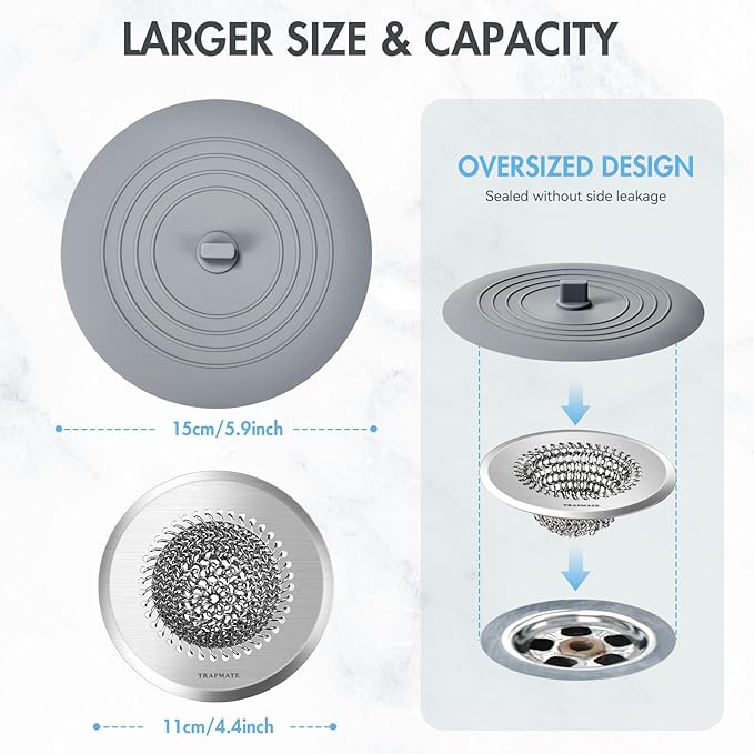 TRAPMATE Tub Stopper, Reversible Bathtub Drain Hair Catcher & Stopper, Ultra Revolutionary Bath Tub Drain Protector, Stainless Steel Hair Catcher & Silicone Stopper, 4.4" Drain Cover for Shower, Bath