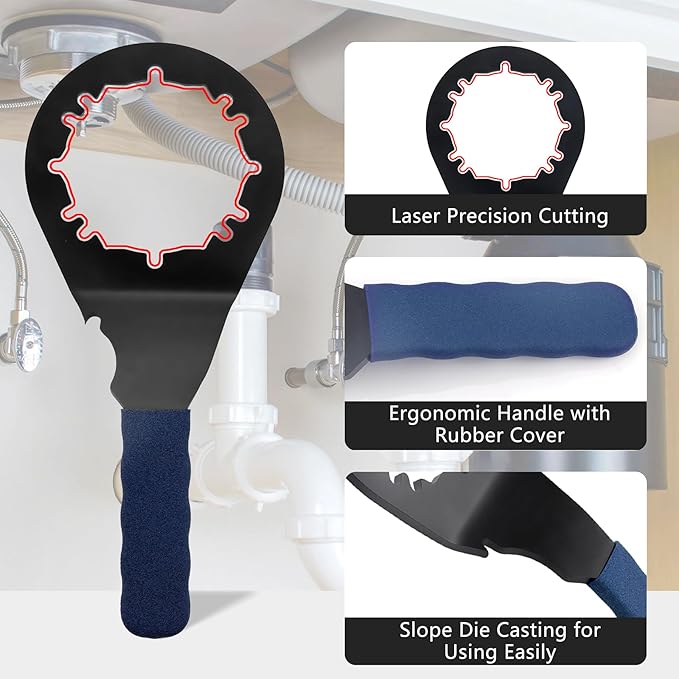 Sink Drain Wrench Universal Under Sink Wrench Faucet Tool Fit for Hex Nuts and All 4, 6 and 8 Tab Locking Nuts on strainer drains Loosen and Tighten the Filter Lock Nut