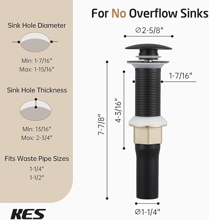 KES Bathroom Sink Drain with Strainer Basket Hair Catcher Anti Clog Pop Up Drain Stopper Vanity Vessel Sink Without Overflow, Matte Black S2013D-BK