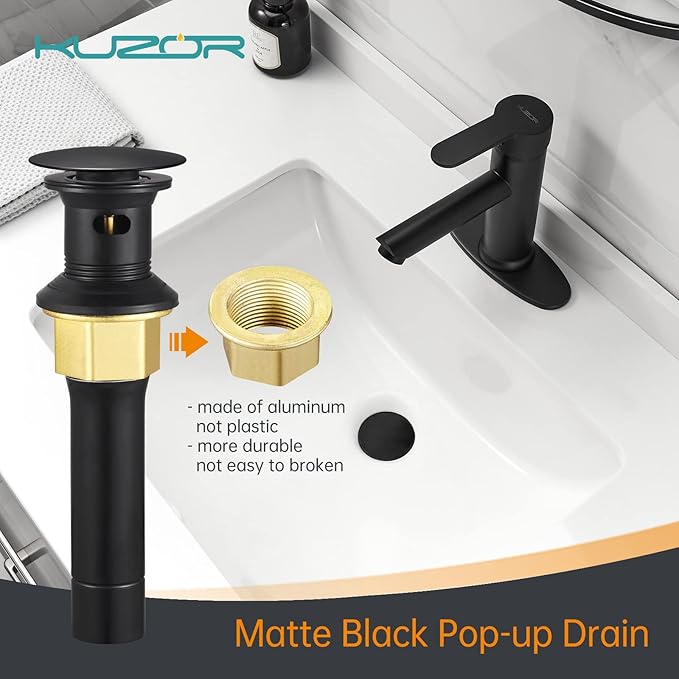 Matte Black Pop Up Bathroom Sink Drain with Overflow - Fits 1-5/8" to 2" Holes, 304 Stainless Steel for Vanity/Vessel Sink