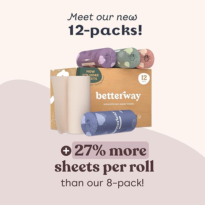 Betterway Bamboo Paper Towels 12 Pack - Unbleached, Non Toxic, PFAS Free - 140 Sheets/Roll, 2-Ply, No Plastic, No Dyes, Eco Friendly, Compostable, Sustainable, FSC Certified, Natural Brown