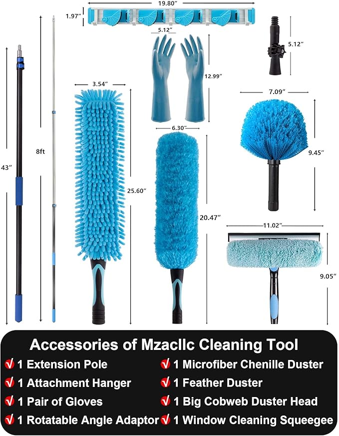 16 Foot High Reach Ceiling Fan Duster with 4.5-8ft Heavy Duty Extension Pole, Microfiber Feather, Cobweb Duster, Window Squeegee Kit Cleaner, Cleaning Gloves