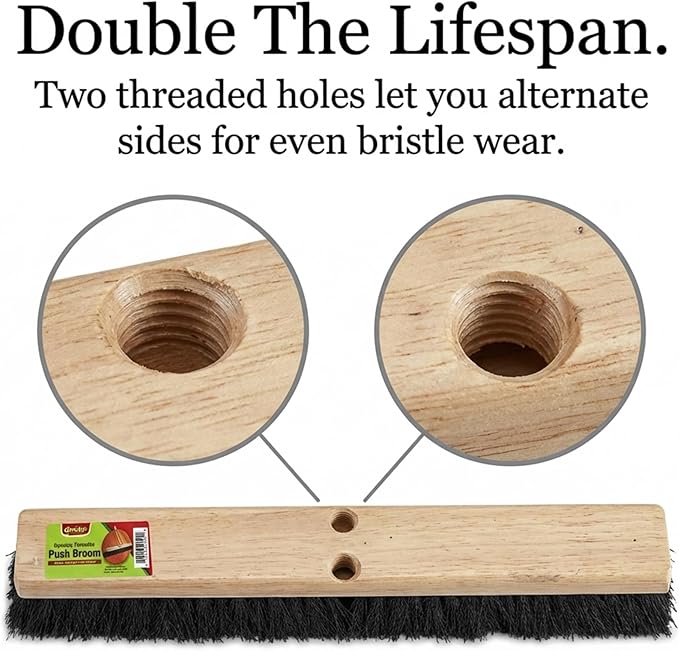 Black Indoor Push Broom Head – Heavy Duty Hardwood Block – Polypropylene Bristles – Deck Scrub Brush – Two Threaded Handle Holes for Better Assist (24")