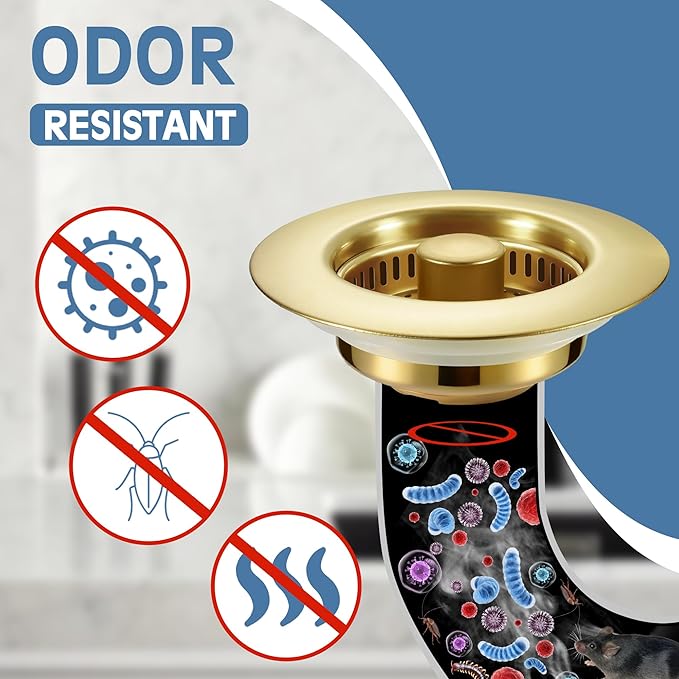 Kitchen Sink Drain Strainer 2 Pack, 304 Stainless Steel Pop Up Sink Stopper, Anti-Clogging Sink Drain Strainer for US Standard Kitchen Drain (Gold)