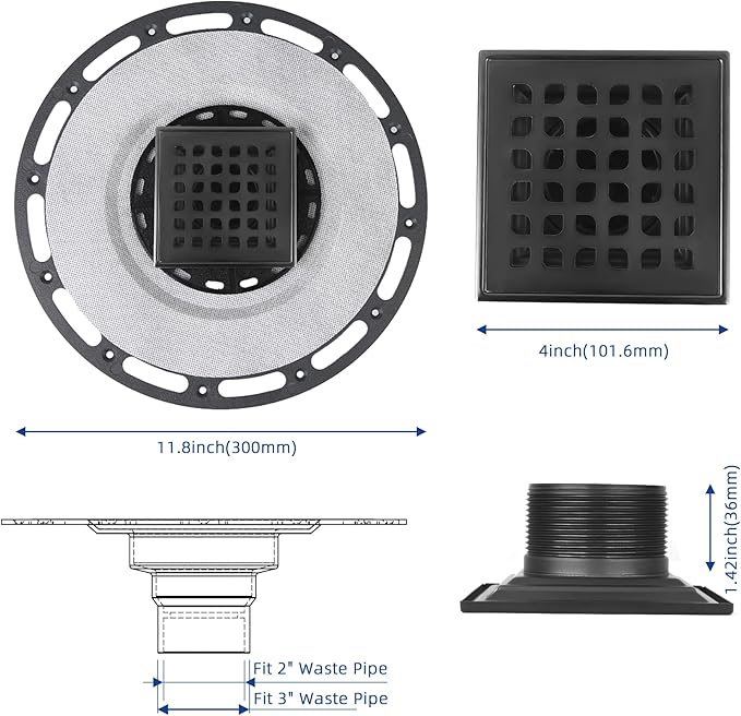 Square Shower Drain, 4-Inch Matte Black Kit with Bonding Flange, Removable Stainless Steel Grate & Hair Strainer, Fits 2" & 3" Pipes for Tiled Floors