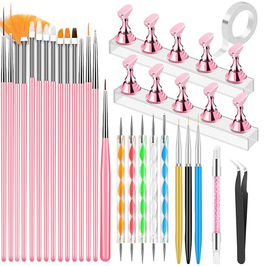 YOOVR Nail Art Tools Set, Nail Stand for Press on Holder for Painting Nails, Nail Art Brushes, Liner Brushes, Nail Dotting Tool, Must Haves Design Tools Supplies Kit for Nail Tech & Beginners (Pink)