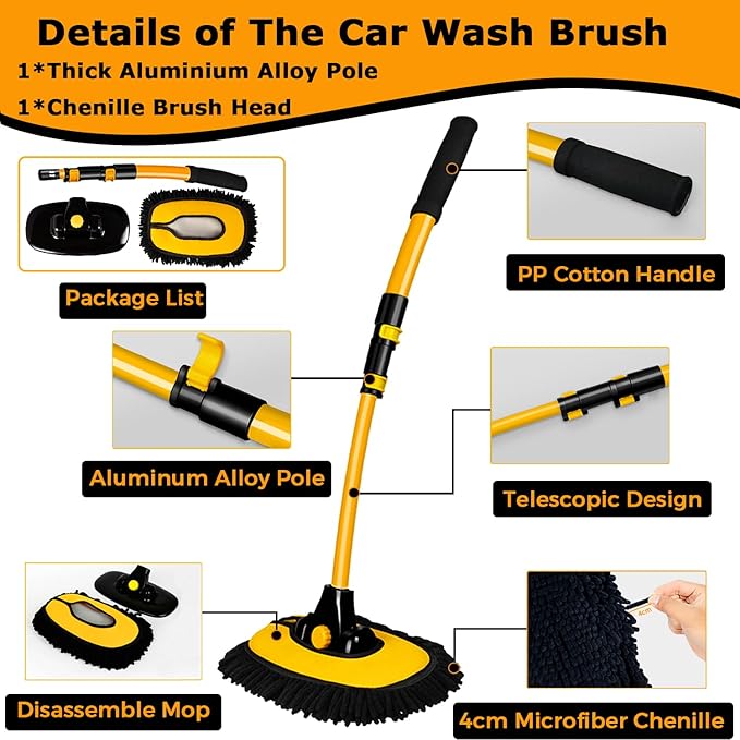 15° Curved Car Wash Brush with Long Handle 43" Extension Pole RV Truck Microfiber Cleaning Mop Auto SUV Wheel Boat Exterior Interior Detailing 2 in 1 Carwash Duster Not Hurt Paint, Yellow